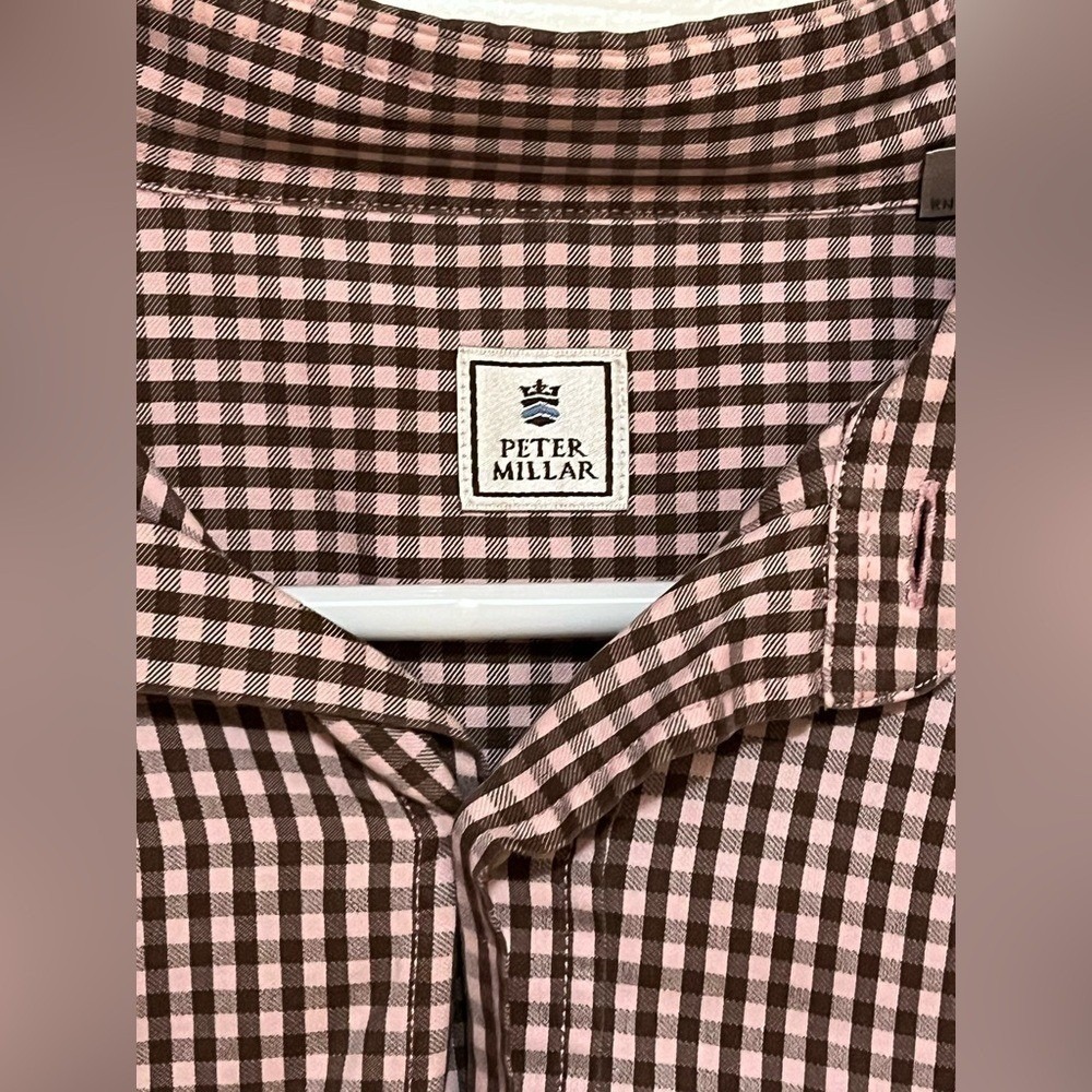 Peter Millar XL Brown Pink Gingham Button Down Shirt Cotton Mens Dress